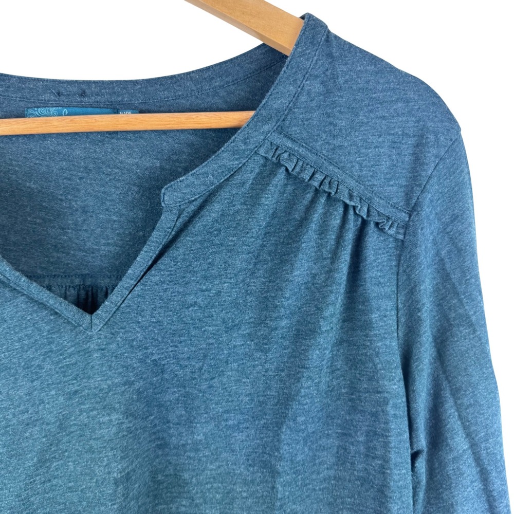 prAna Split V-Neck Top Womens Large Teal Ruffle Back Organic Cotton Blend